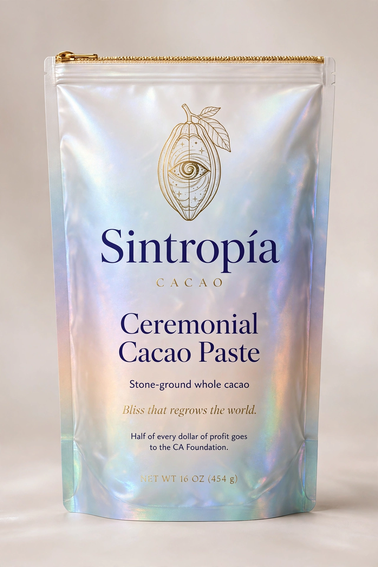 Sintropía Cacao Ceremonial Cacao Paste in a pearl iridescent pouch